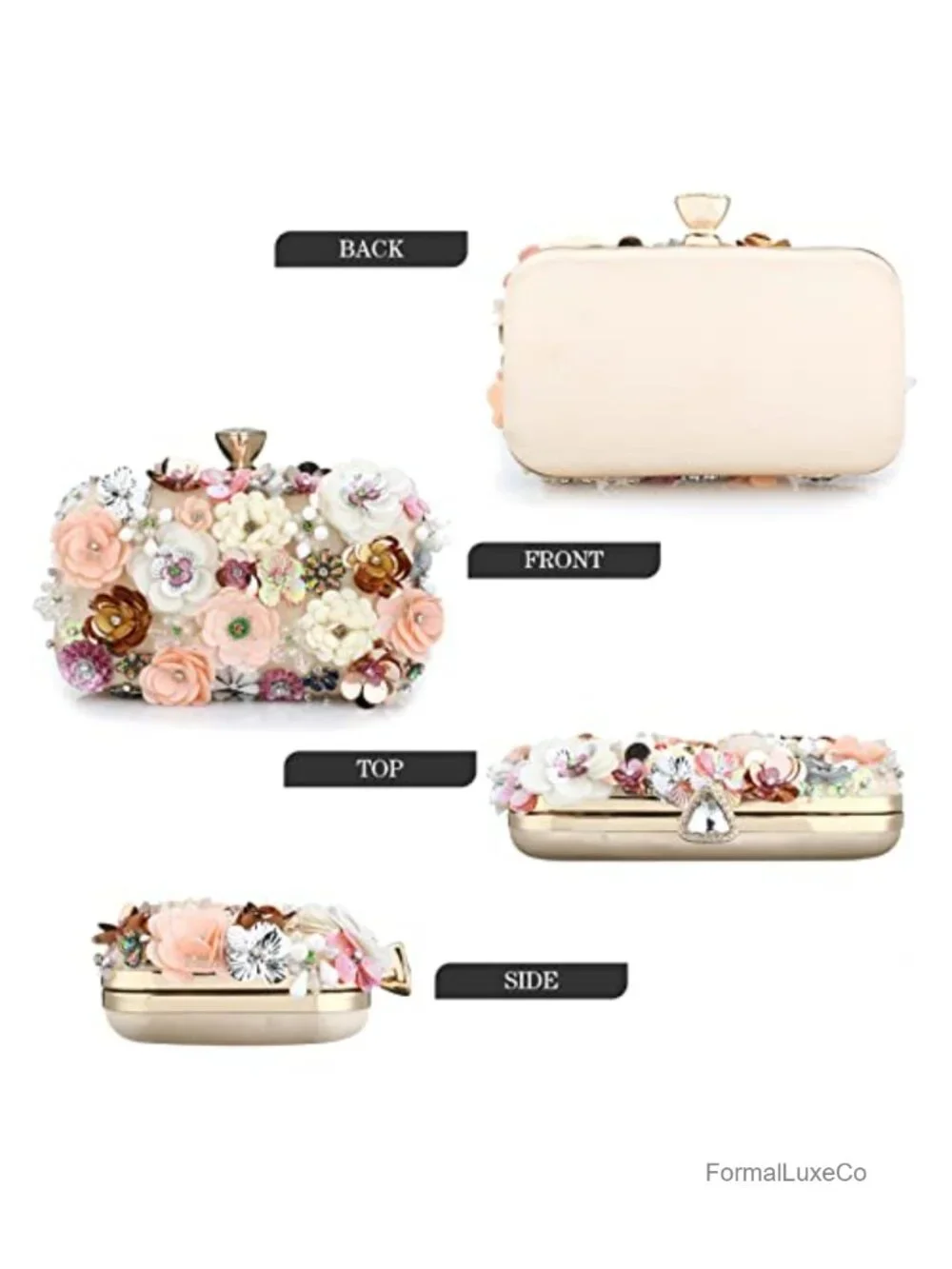 Sequins Evening Clutch Bag with Floral Rhinestones Detachable Chain